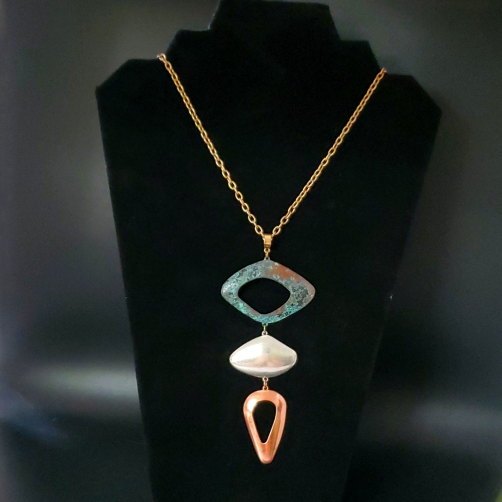 Ballet metal Matinee length necklace in teal silver & brass